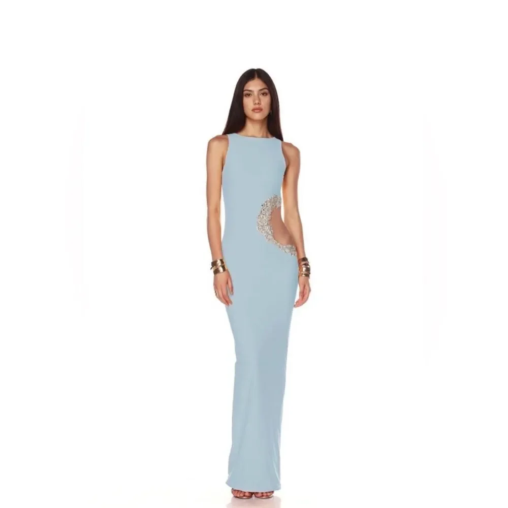 NWOT BRONX AND BANCO Camila Rhinestone Cutout Maxi Dress in powder blue - Picture 1 of 14